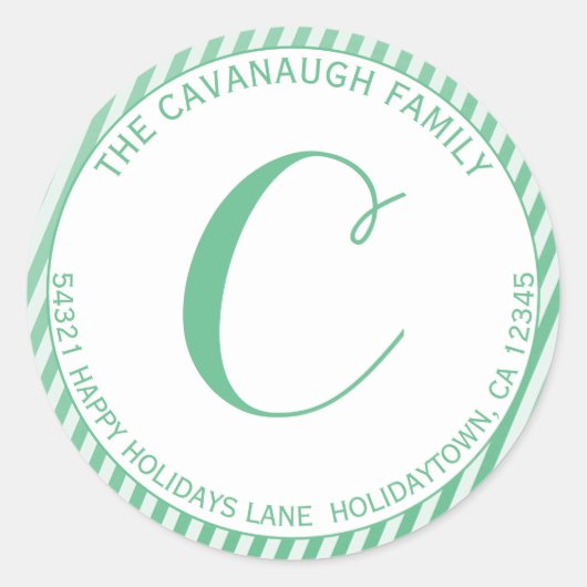 Elegante Mint Zilveren Folie Streep Monogram Adres Ronde Sticker (Voorkant)
