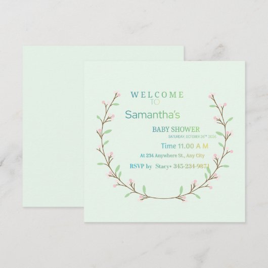 Elegante mintgroene botanische babyshower kaart (Voorkant / Achterkant)