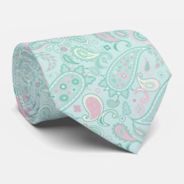 Elegante mintgroene en roze bloemenpaisley stropdas