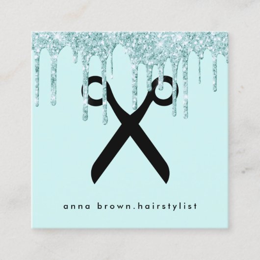 Elegante mintgroene glitter druipt haarstylist vierkante visitekaartje (Voorkant)