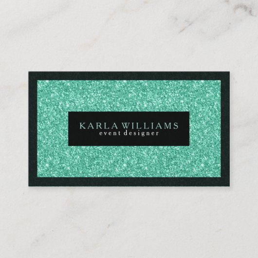 Elegante mintgroene glitter met zwarte accenten visitekaartje (Voorkant)