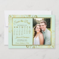 Elegante Mintgroene & Gouden Kalender Foto Bruilof