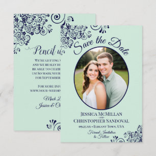 Elegante Mintgroene & Marineblauwe Ovale Foto Huwe Save The Date