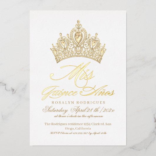 Elegante Mis Quince Anos Wit Gouden Foto Folie Uitnodiging (Voorkant)