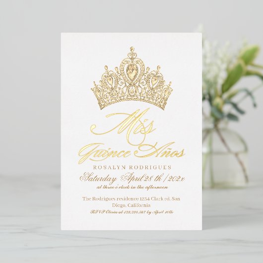 Elegante Mis Quince Anos Wit Gouden Foto Folie Uitnodiging (Staand Voorkant)