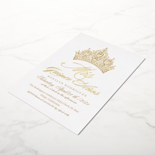 Elegante Mis Quince Anos Wit Gouden Foto Folie Uitnodiging (Gedraaid)