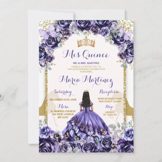 Elegante Mis Quince Paarse & vlinderbloemen Kaart (Voorkant)