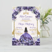 Elegante Mis Quince Paarse & vlinderbloemen Kaart (Staand voorkant)