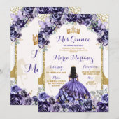 Elegante Mis Quince Paarse & vlinderbloemen Kaart (Voorkant / Achterkant)