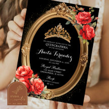 Elegante Mis Quince Zwarte en Rode Roos Uitnodigin