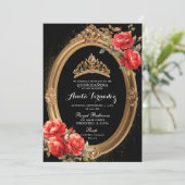 Elegante Miss Quince Black en Red Rose Uitnodiging (Staand voorkant)