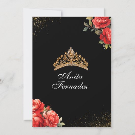 Elegante Miss Quince Black en Red Rose Uitnodiging (Achterkant)