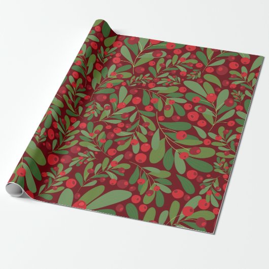 Elegante Mistletoe Bourgondische achtergrond Kerst Cadeaupapier (Uitgerold)