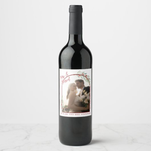 Elegante mistletoe pasgehuwden foto Kerstmis Wijn Etiket (Voorkant)