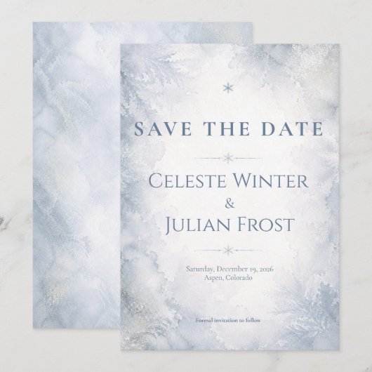 Elegante Misty Blue Wintervorst Timeloos Save The Date (Voorkant / Achterkant)