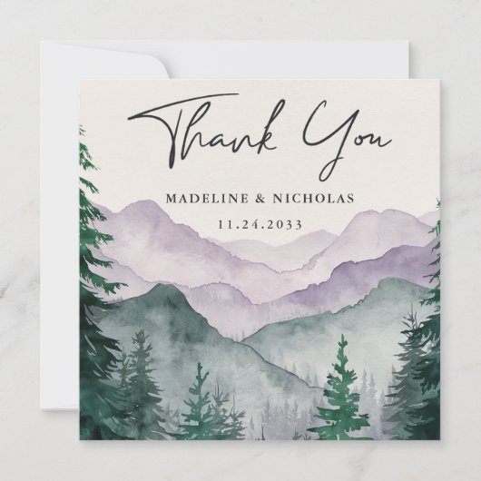 Elegante Misty Mountain Forest Script bruiloft Bedankkaart (Voorkant)