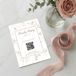 Elegante Mocha Bloem Lijnen Kunst QR Code Trouwdag RSVP Kaartje