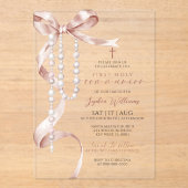 Elegante Mocha Bow & Rozenkrans Eerste Heilige Com Acryl Uitnodigingen (Voorkant)