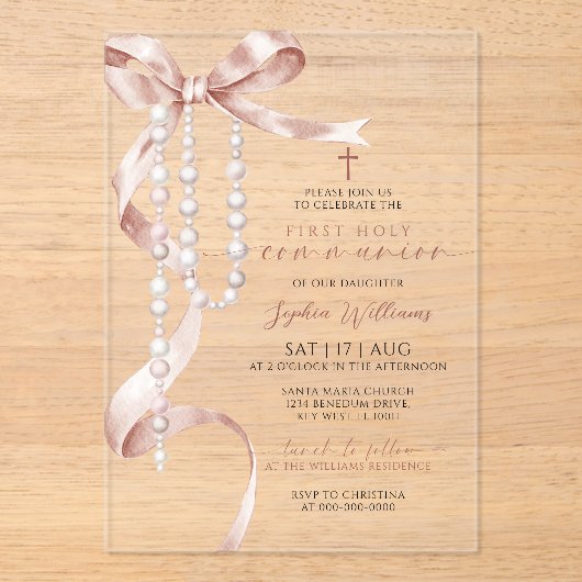 Elegante Mocha Bow & Rozenkrans Eerste Heilige Com Acryl Uitnodigingen (Voorkant)