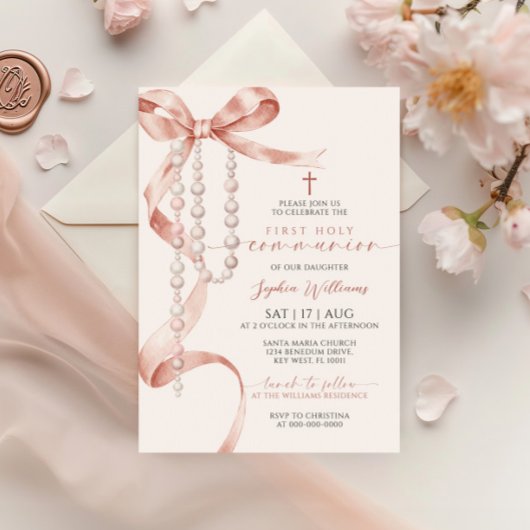 Elegante Mocha Bow & Rozenkrans Eerste Heilige Com Kaart