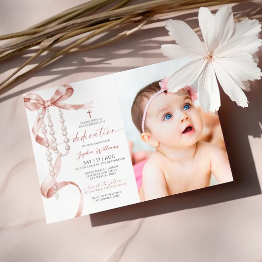 Elegante Mocha Bow & Rozenkrans Fototoewijding Kaart