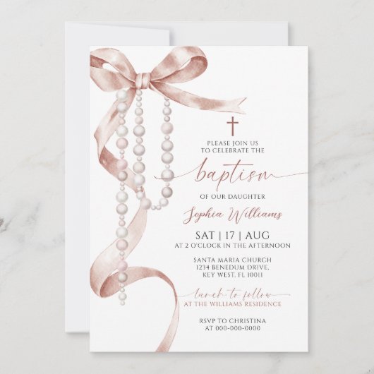 Elegante Mocha Bow & Rozenkransdoop Kaart (Voorkant)