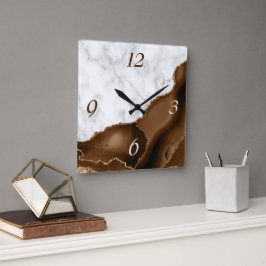 Elegante Mocha Bruine Agate Gouden Glitter Marmer Vierkante Klok