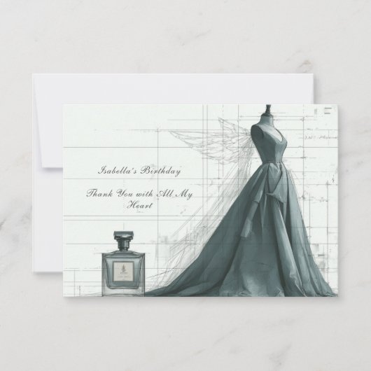 Elegante mode bedankkaart – jurk & parfum (Voorkant)