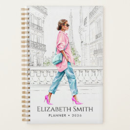 Elegante mode vrouw loopt planner