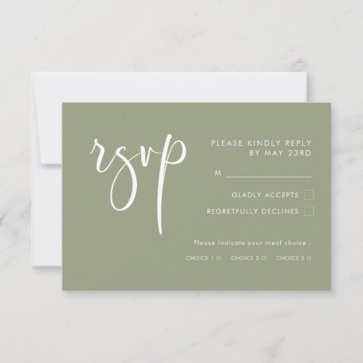 Elegante Modern Sage bruiloft RSVP met maaltijdkeu (Voorkant)