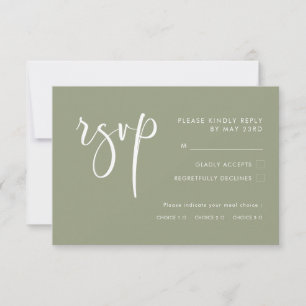 Elegante Modern Sage bruiloft RSVP met maaltijdkeu