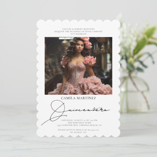 Elegante moderne 2 foto Quinceanera uitnodiging (Staand voorkant)