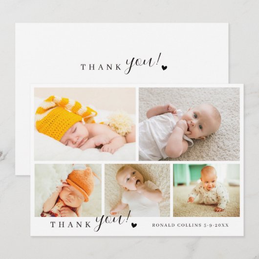 Elegante & Moderne 5 Foto Collage Baby Shower Bedankkaart (Voorkant / Achterkant)
