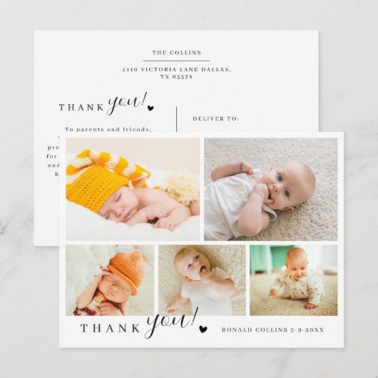 Elegante & Moderne 5 Foto Collage Baby Shower Briefkaart (Voorkant / Achterkant)