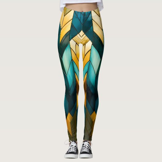 Elegante Moderne Abstracte Goud Teal Geometrisch Leggings (Voorkant)