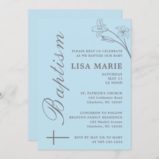 Elegante moderne baby blauwe doop uitnodiging (Voorkant / Achterkant)