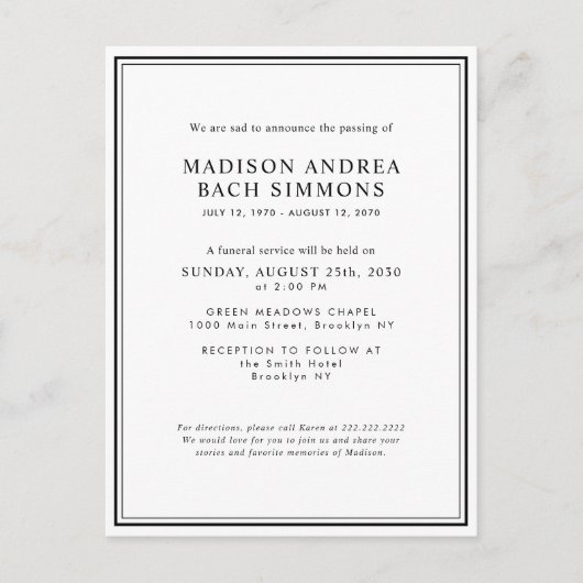 Elegante moderne begrafenisdienst viering van het  briefkaart (Voorkant)