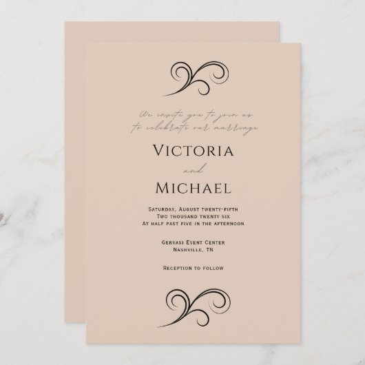 Elegante moderne beige bruiloft uitnodiging (Voorkant / Achterkant)