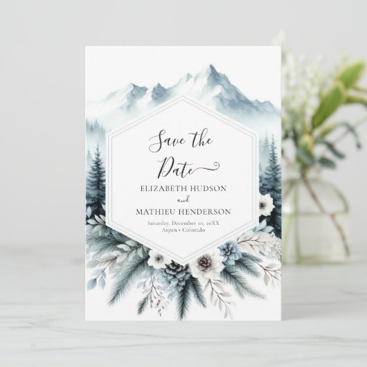 Elegante moderne berg bruiloft save the date (Staand voorkant)