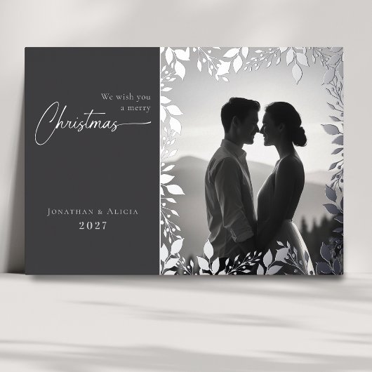 Elegante moderne bladeren lijst foto vrolijk kerst folie feestdagenkaart