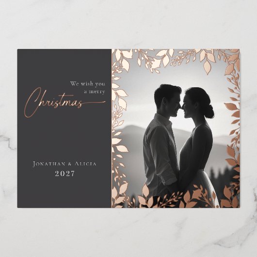 Elegante moderne bladeren lijst foto vrolijk kerst folie feestdagenkaart (Voorkant)