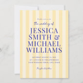 Elegante moderne blauw geel gestreepte bruiloft kaart (Voorkant)