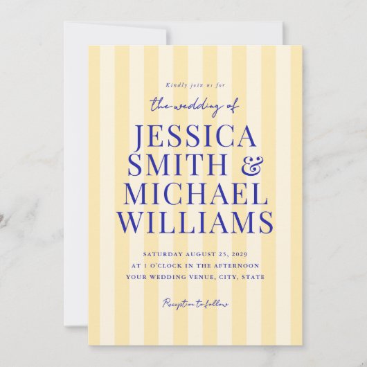 Elegante moderne blauw geel gestreepte bruiloft kaart (Voorkant)