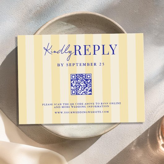 Elegante moderne blauw geel gestreepte bruiloft RSVP kaartje