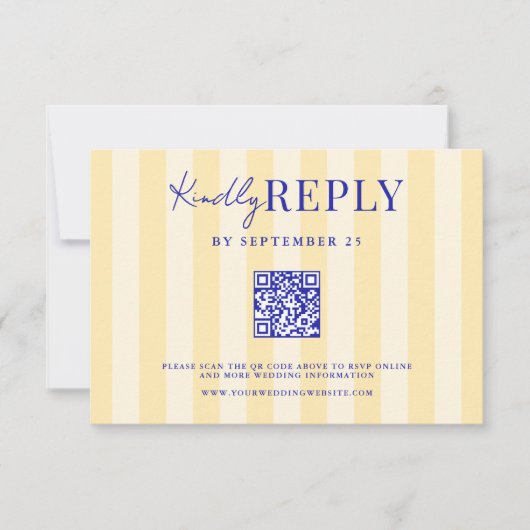 Elegante moderne blauw geel gestreepte bruiloft RSVP kaartje (Voorkant)