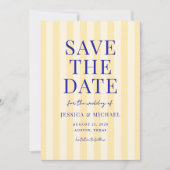 Elegante moderne blauw geel gestreepte bruiloft save the date (Voorkant)