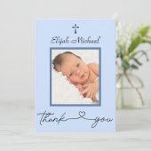 Elegante moderne blauwe foto doop dank u opmerking bedankkaart (Staand voorkant)