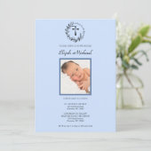 Elegante moderne blauwe foto doop uitnodiging (Staand voorkant)