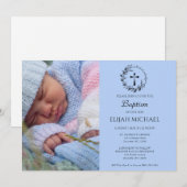 Elegante moderne blauwe foto doop uitnodiging (Voorkant / Achterkant)