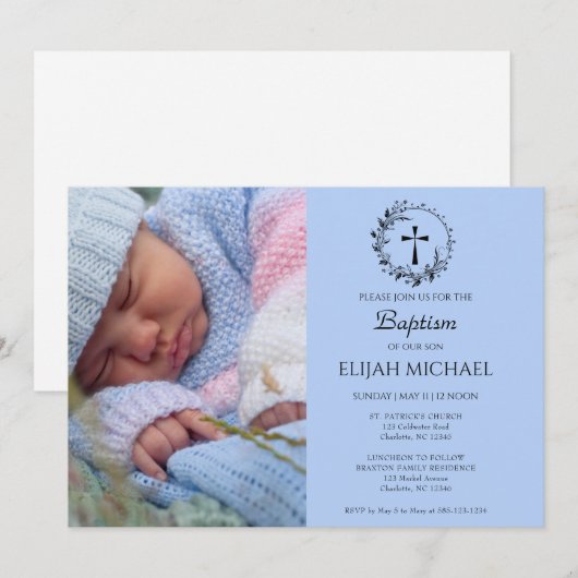 Elegante moderne blauwe foto doop uitnodiging (Voorkant / Achterkant)